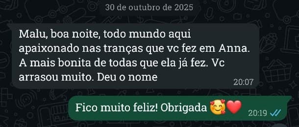 Karla Santiago: “Malu, boa noite, todo mundo aqui apaixonado nas tranças que você fez em Anna. A mais bonita de todas que ela já fez. Você arrasou muito.”